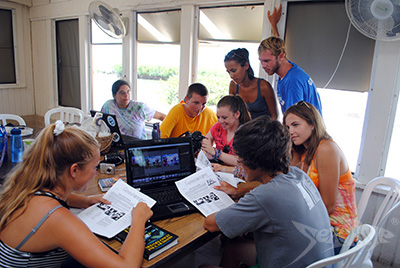 Campers working on the Seacamp newsletter; Seascope